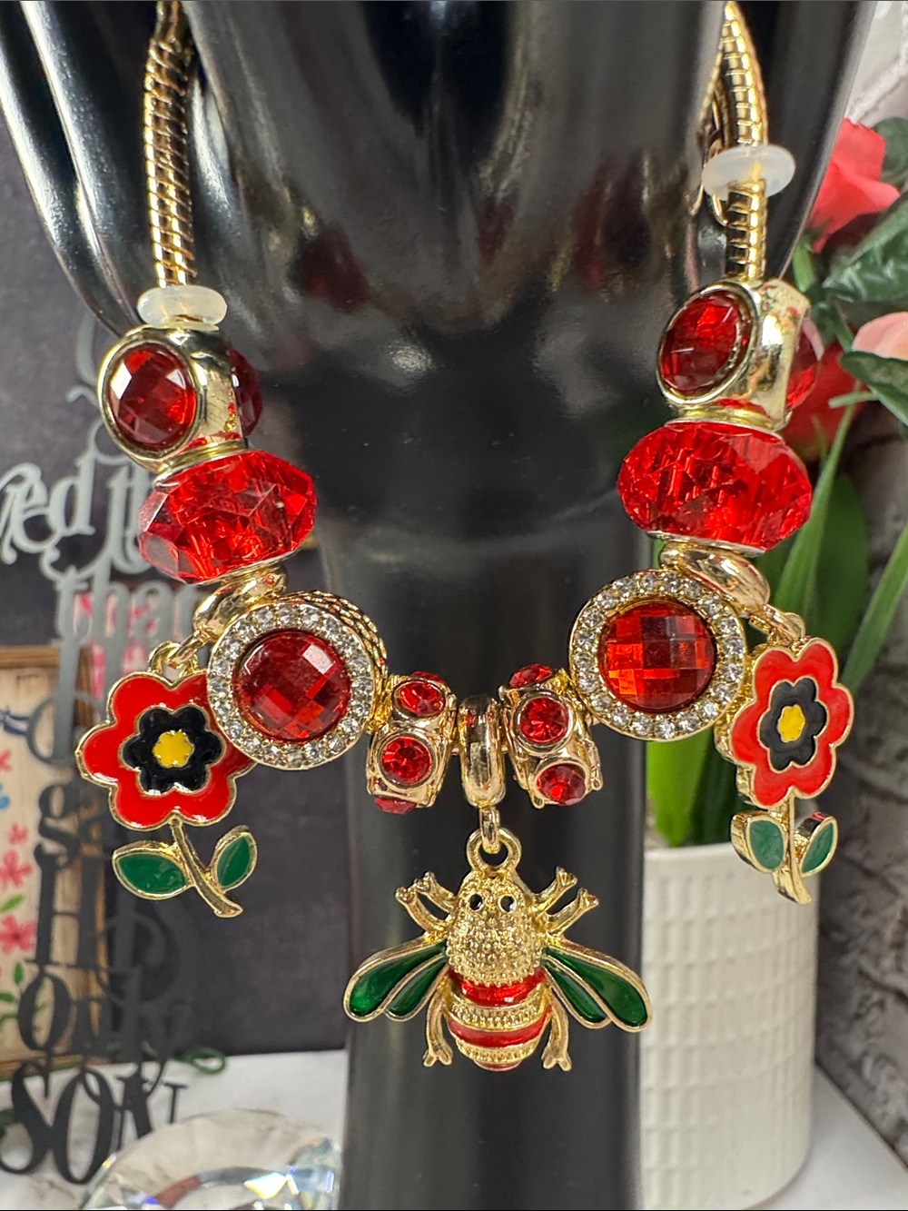 Gold-Tone Red Bee and Flower Charm Bracelet